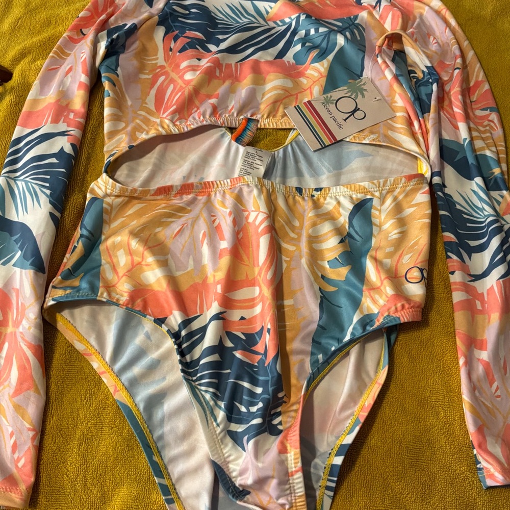 OP Coral Teal Yellow Tropical Cutout Long Sleeve One-Piece